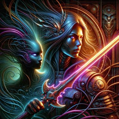 The primary subject of the image is a woman holding a sword. She is wearing a metal armor and has a sword in her hand. The setting is a room with a door, and the visual style is digital art. The dominant colors in the image are purple and blue, creating a moody and dramatic atmosphere.
